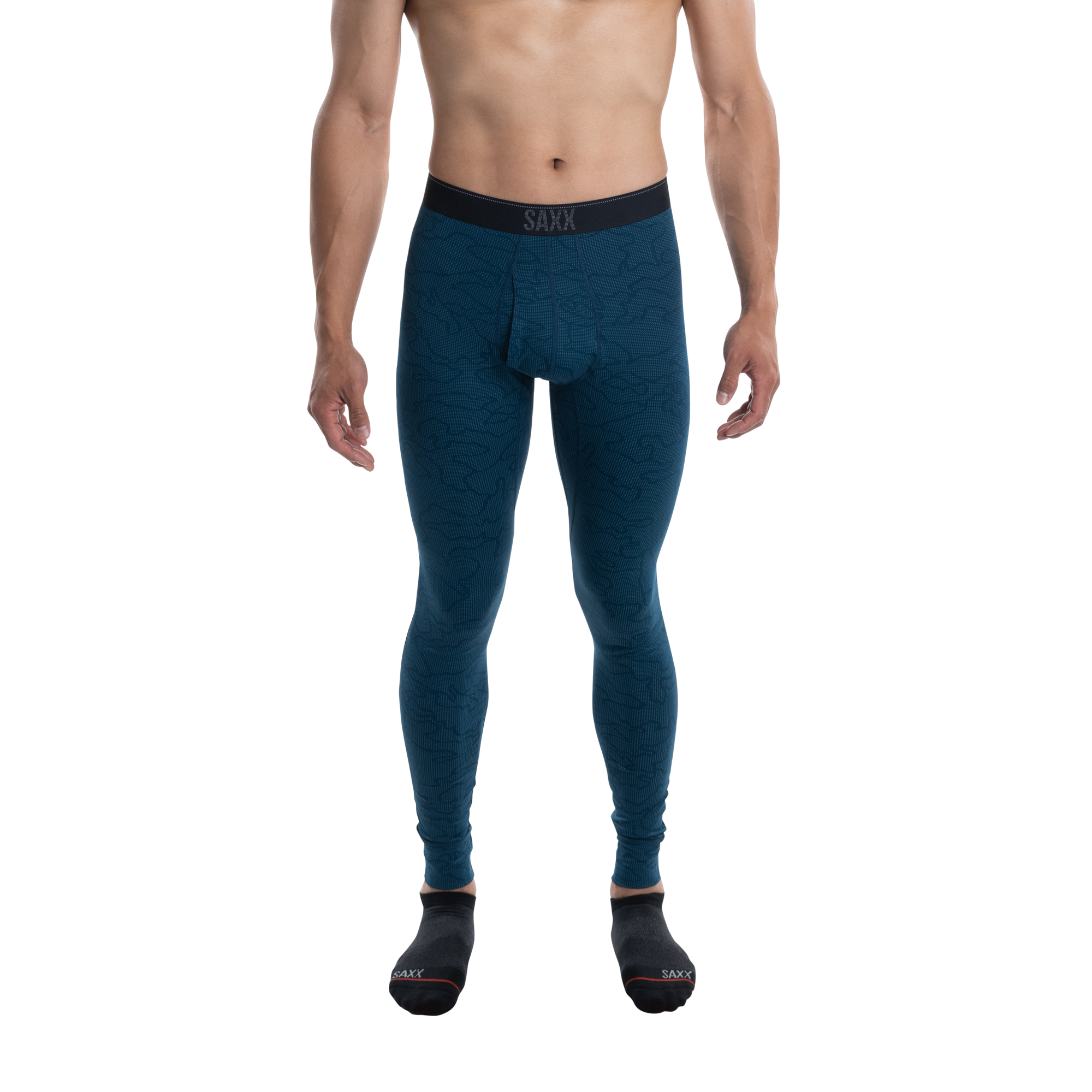 Front - Model wearing Quest Quick Dry Mesh Baselayer Tight Fly in Camo Jacquard- Teal