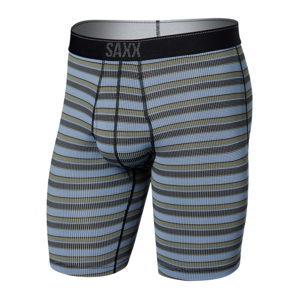 Front of Quest Quick Dry Mesh Long Boxer Brief in Solar Stripe- Twilight