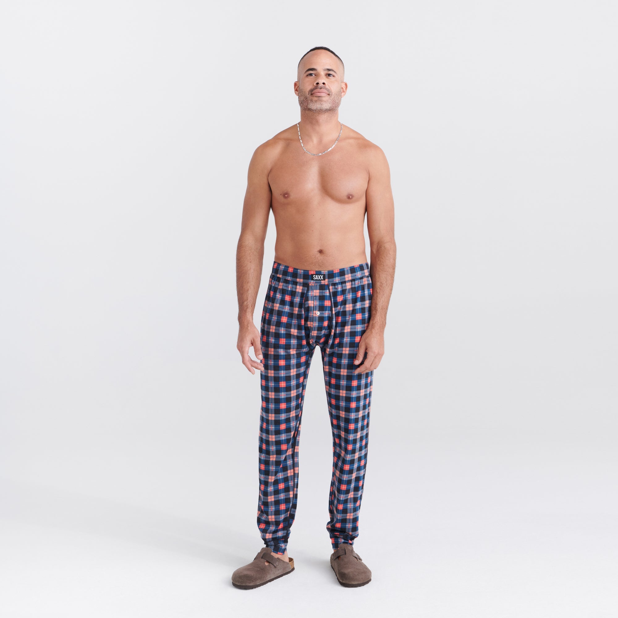 Front - Model wearing Droptemp Cooling Sleep Pant Fly in Catnap Plaid- Black