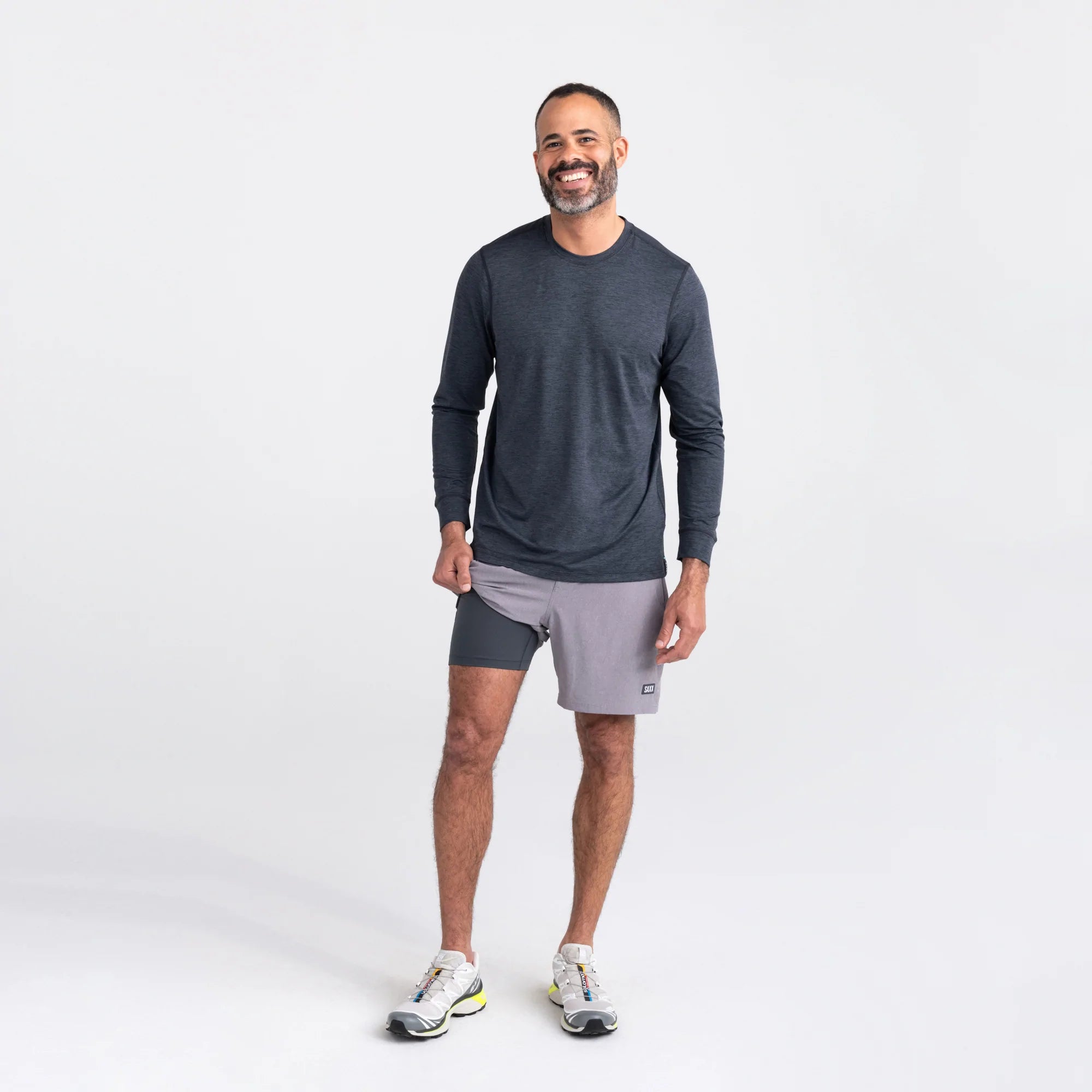 Front - Model wearing Sport 2 Life 2N1 Short 7" in Shark Heather with liner