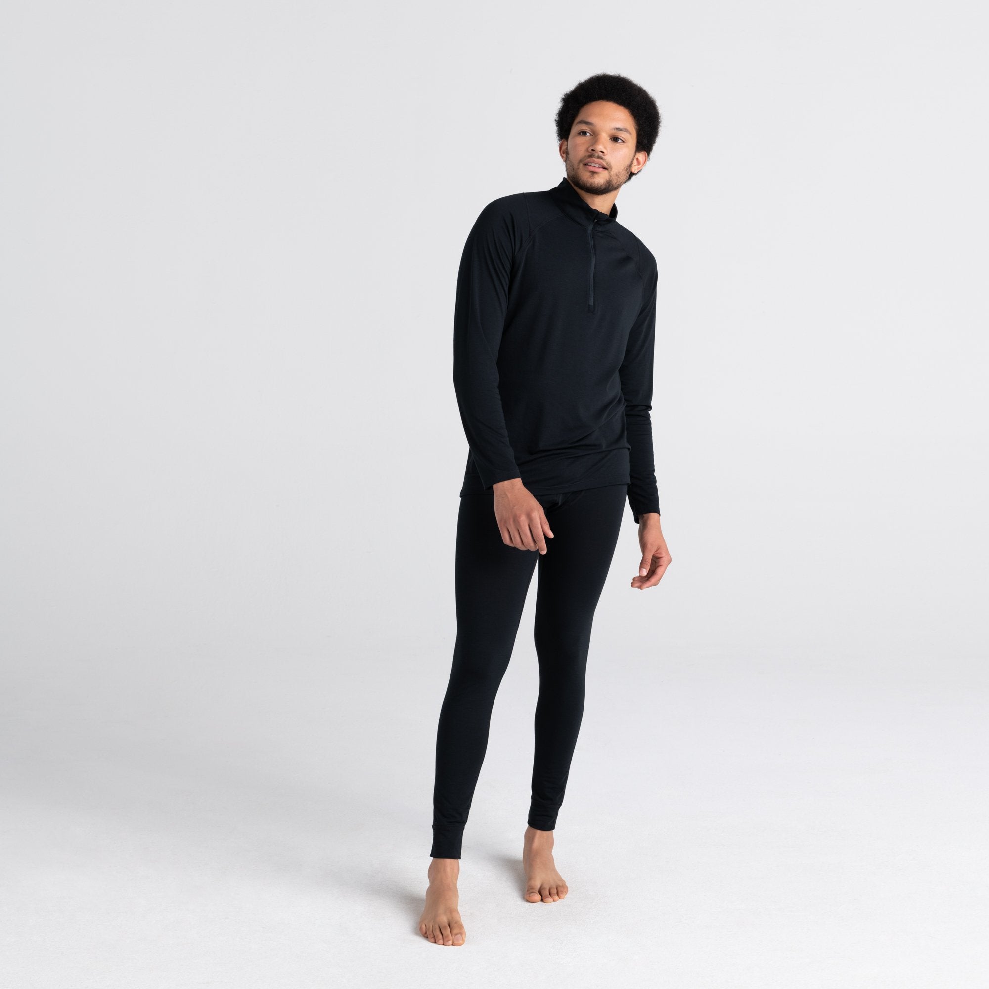 Front - Model wearing Viewfinder Baselayer Long Sleeve 1/2 Zip in Black
