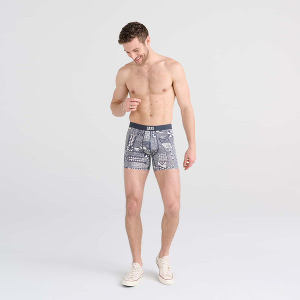 Front - Model wearing Vibe 2-Pack Boxer Brief in Beachy Woodblocks/Navy
