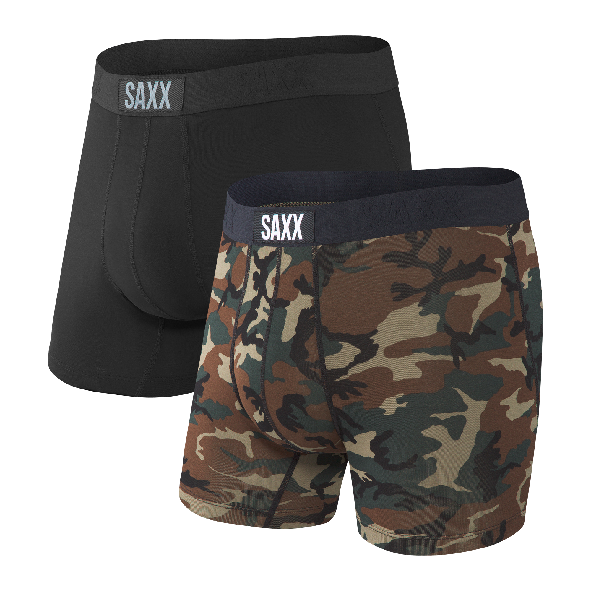 Front of Vibe Boxer Brief 2 Pack in Black/Wood Camo