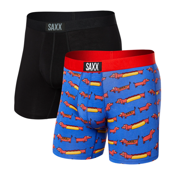 Front of Vibe Super Soft Boxer Brief 2 Pack in Weiner Dog/Black