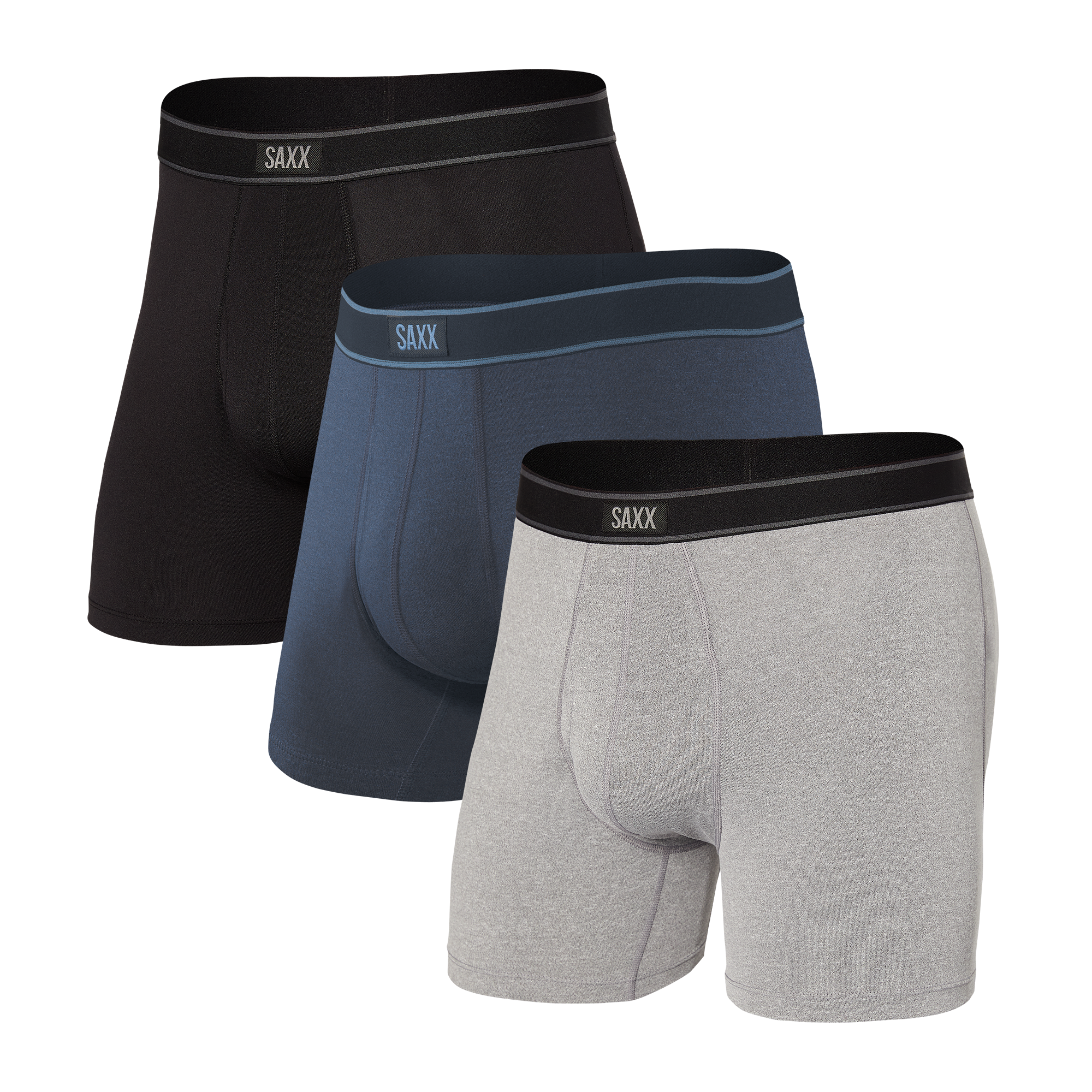 Front of Daytripper Boxer Brief Fly 3Pack in Black/Grey/Navy