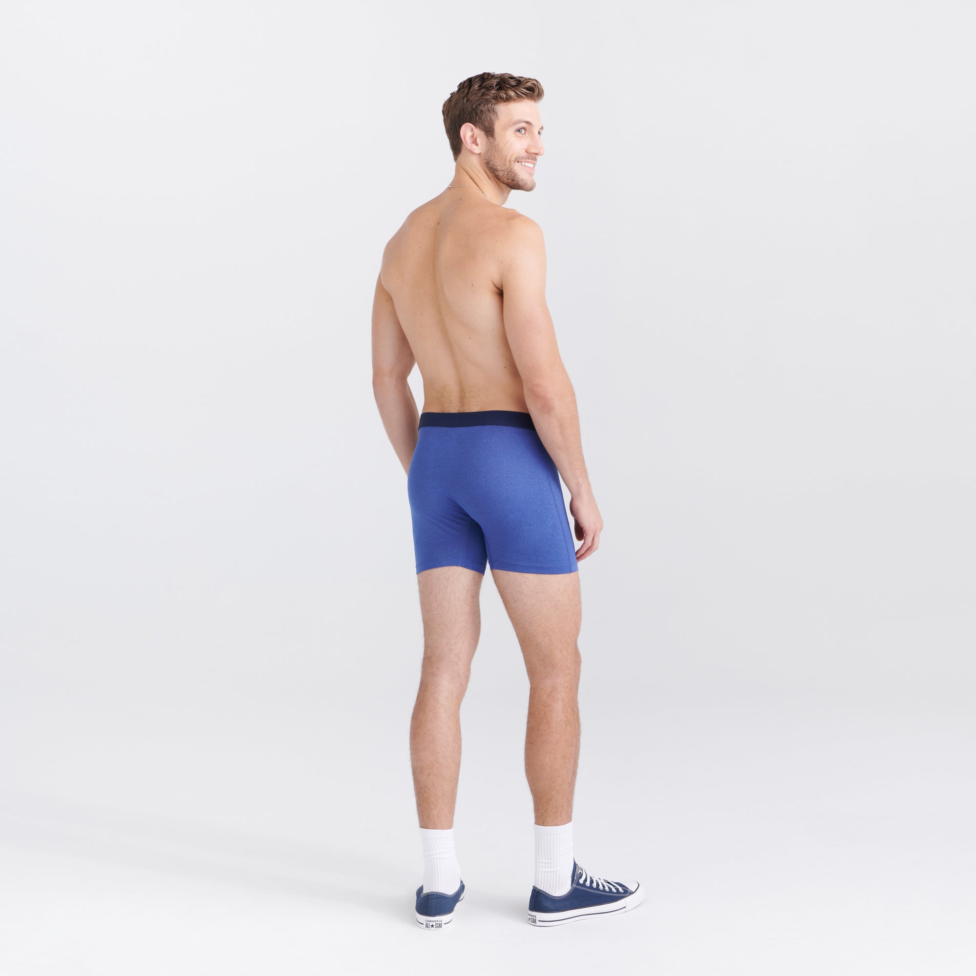 Back - Model wearing Daytripper Boxer Brief Fly 3-Pack in Sport Blue Heather/Blueberry/Maritime