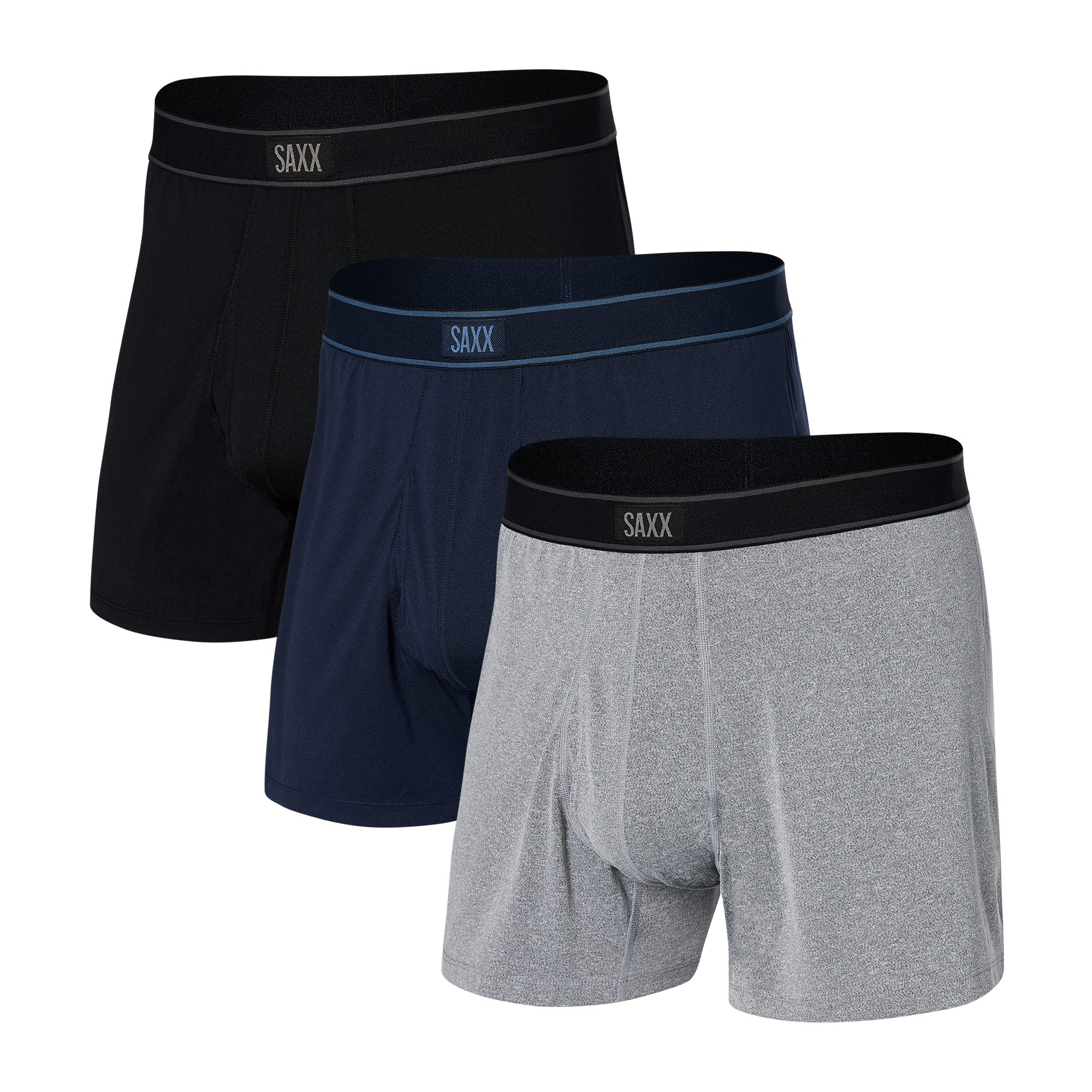 Front of Daytripper Loose Boxer Fly 3-Pack in Black/Navy Heather/Grey Heather