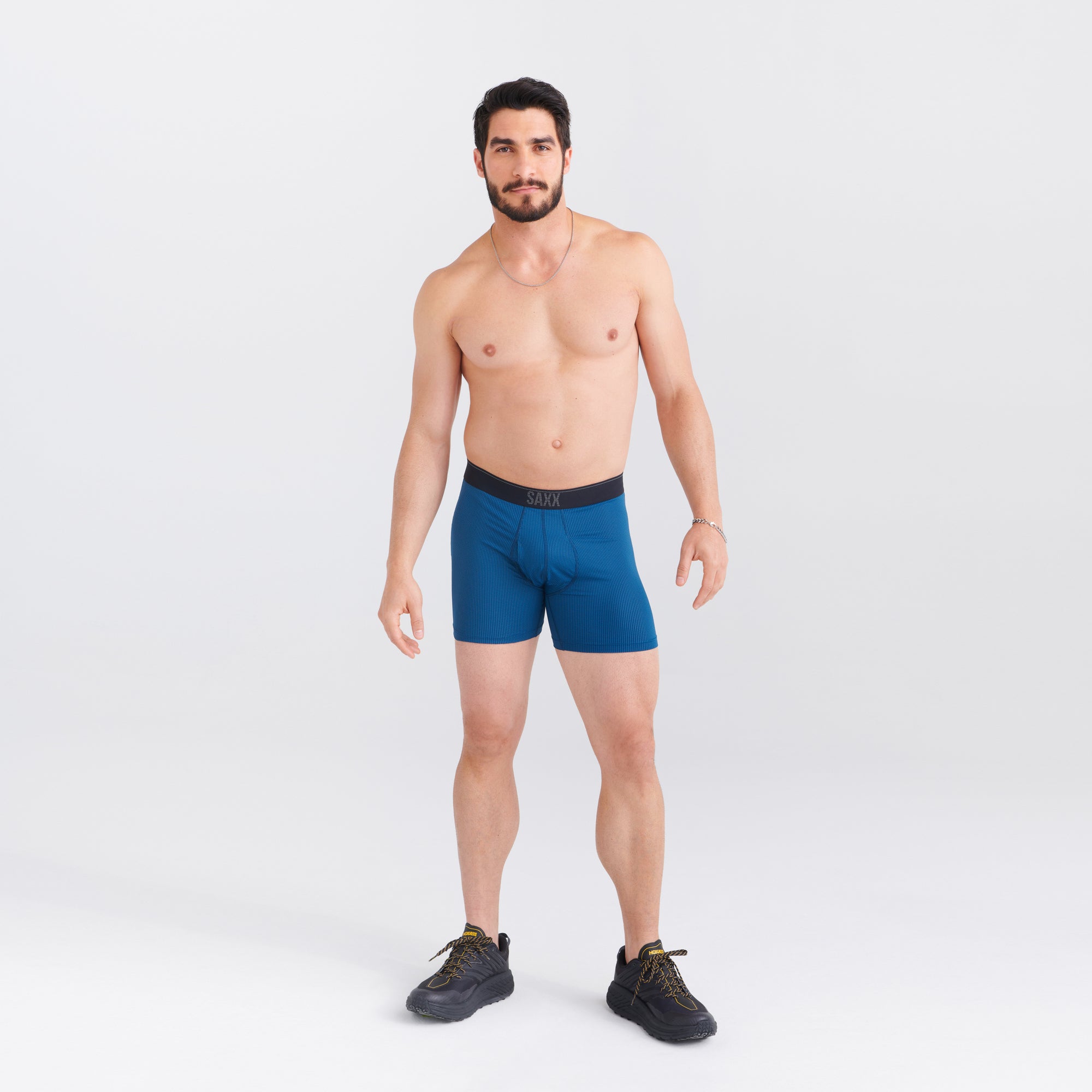 Front - Model wearing Quest Quick Dry Mesh Boxer Brief Fly 3-Pack in Slate/Anchor Teal/Black