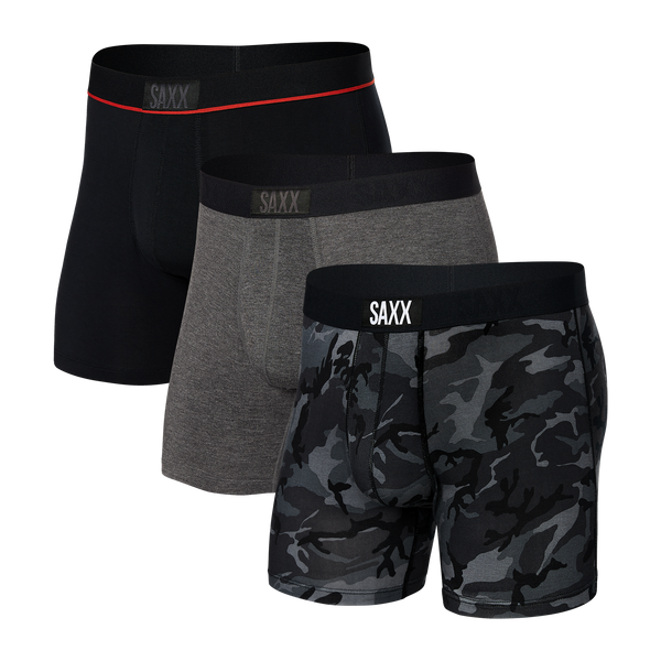 Front of Vibe Super Soft Boxer Brief 3-Pack in Wood Camo/Graphite Heather/Black