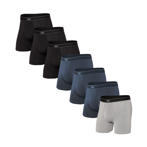 Front of Daytripper Boxer Brief Fly 7 Pack in Black/Grey/Navy