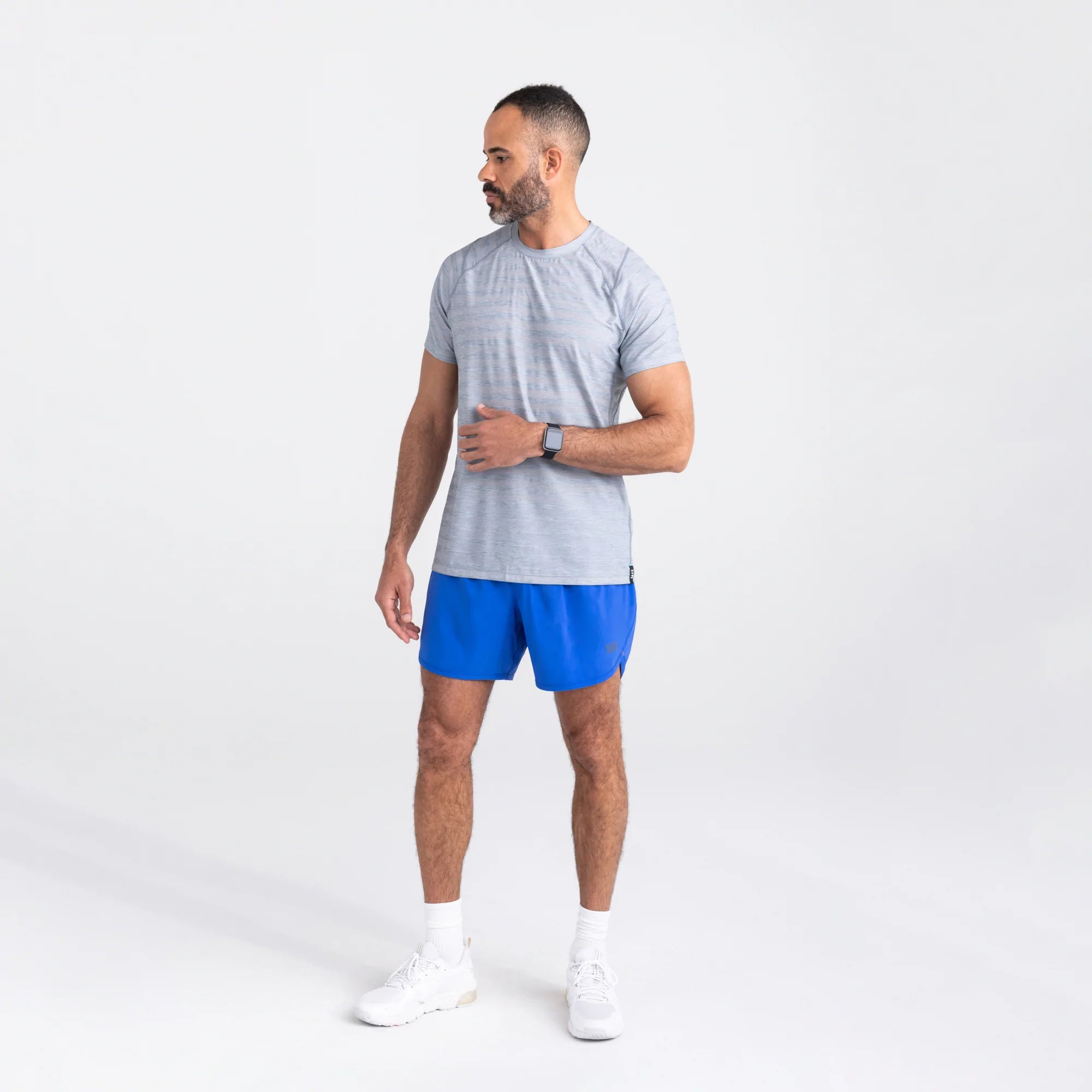 Front - Model wearing Droptemp Cooling Mesh Crew in Mid Grey Heather