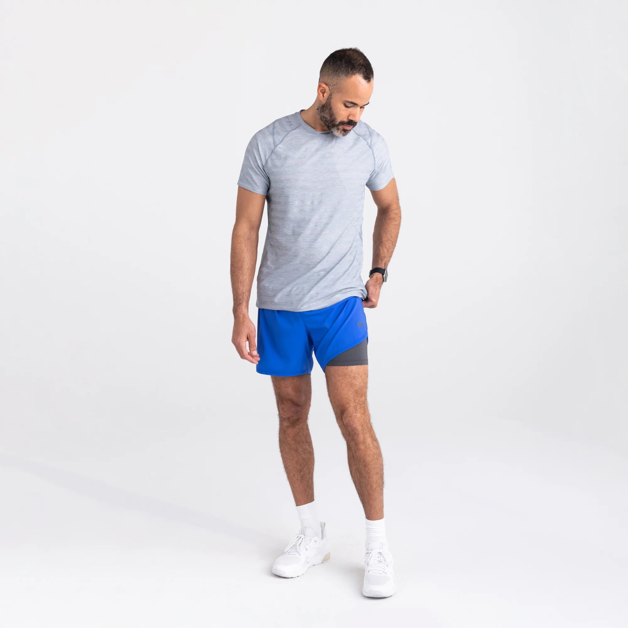 Front - Model wearing Hightail 2N1 Short 5" in Sport Blue with liner