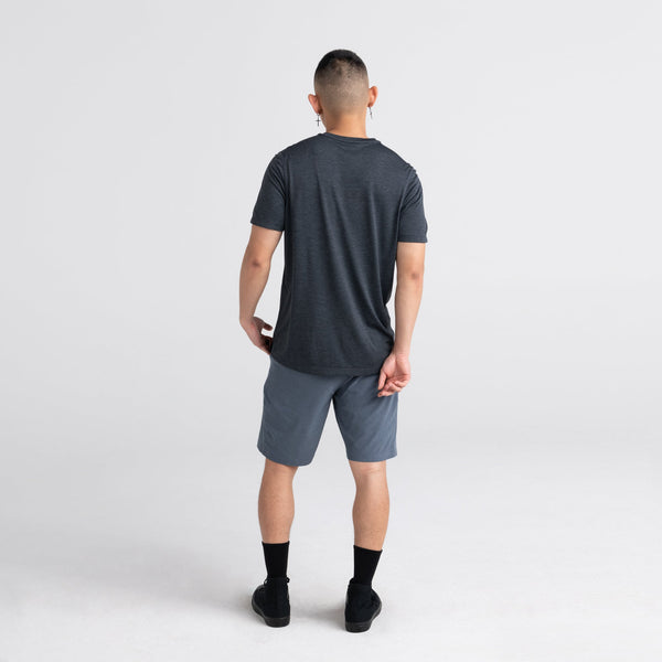 Back - Model wearing All Day Aerator Tee in Faded Black Heather