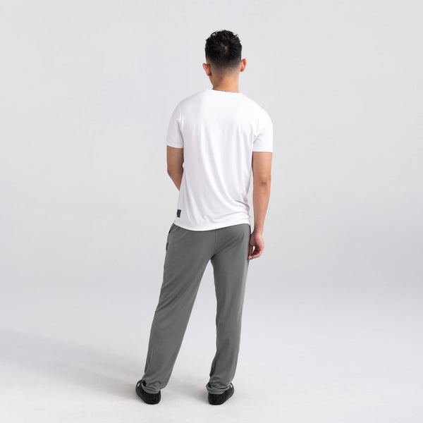 Back - Model wearing 22nd Century Silk Pant in Cargo Grey
