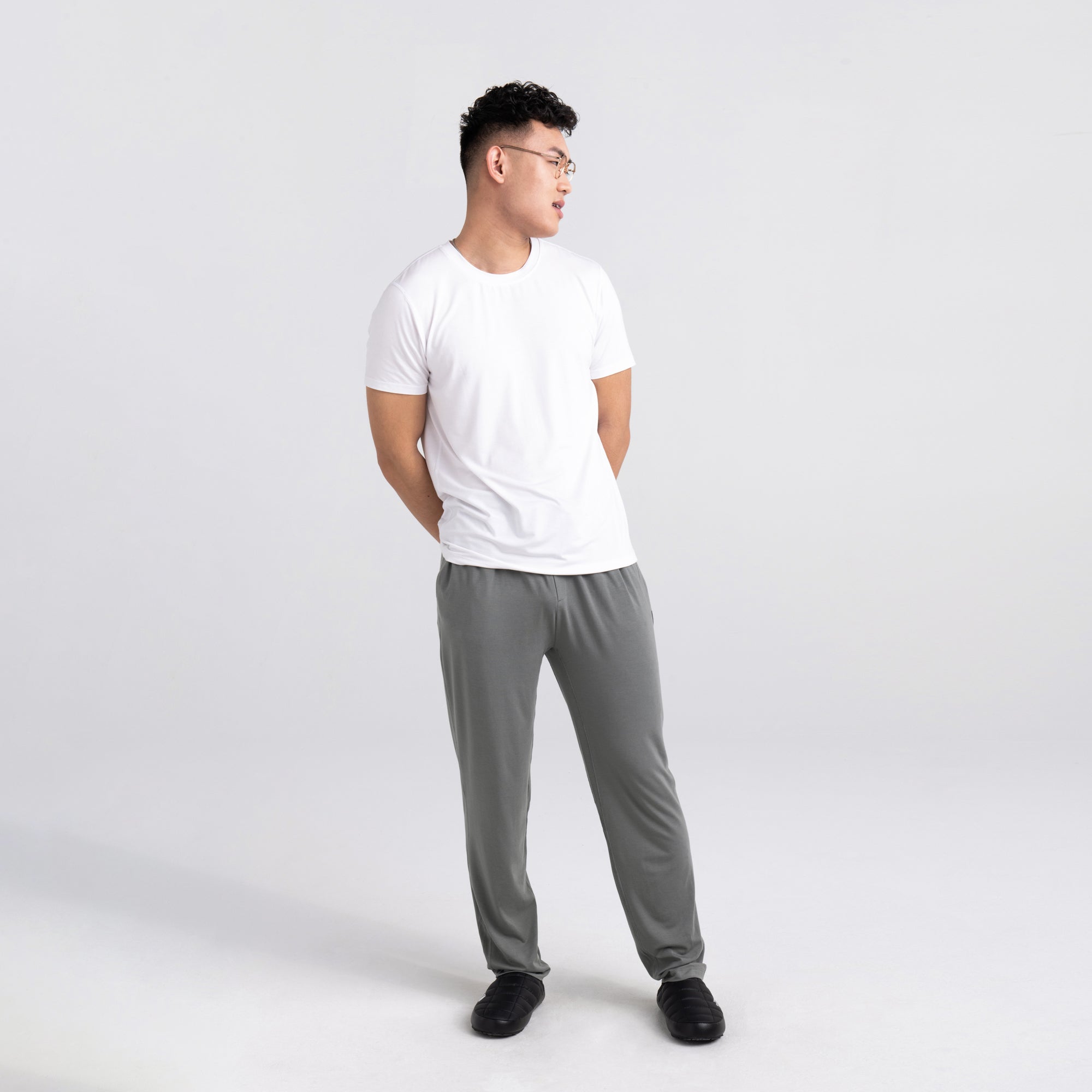 Front - Model wearing 22nd Century Silk Pant in Cargo Grey
