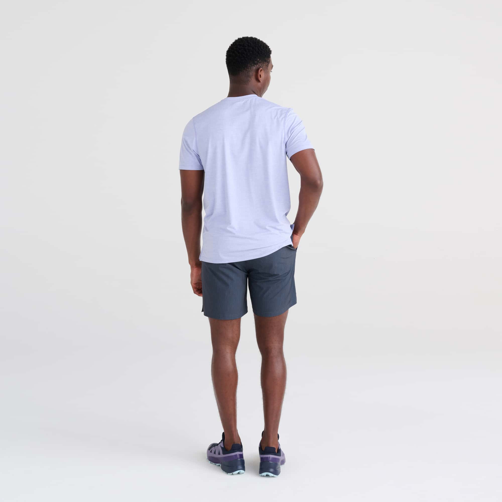 Back - Model wearing DropTemp All Day Cooling Short Sleeve Tee in Lavender Heather