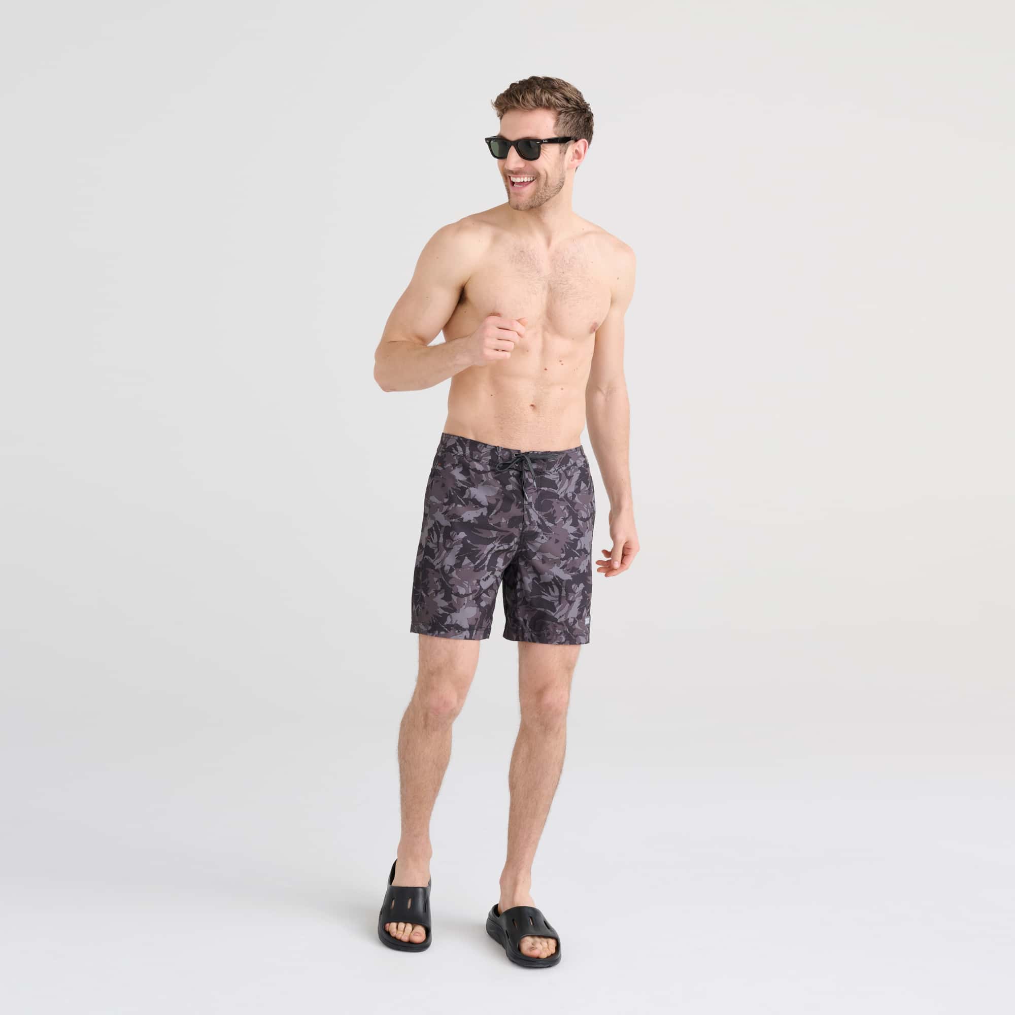 Front - Model wearing Betawave 2N1 Swim Board Short Regular in Batik Camo- Dark Graphite