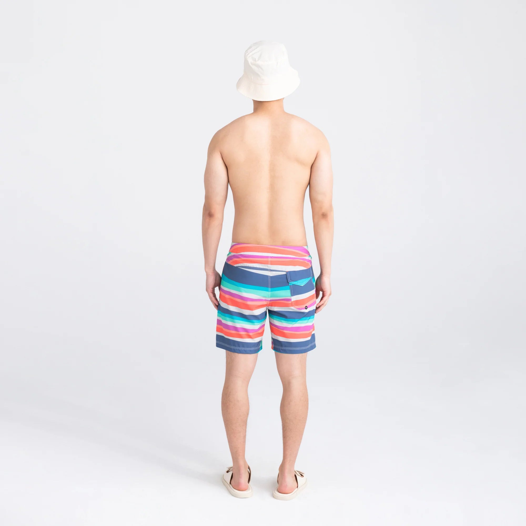 Back - Model wearing Betawave 2N1 Swim Board Short 17" in Cutback Stripe- Multi