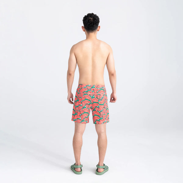 Back - Model wearing Betawave 2N1 Swim Board Short 17" in Mega Melon- Multi