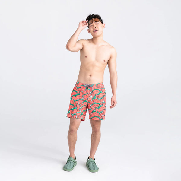 Front - Model wearing Betawave 2N1 Swim Board Short 17" in Mega Melon- Multi