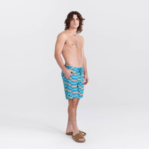 Front - Model wearing Betawave 2N1 Swim Board Short Long in Asher Stripe- Sea Foam
