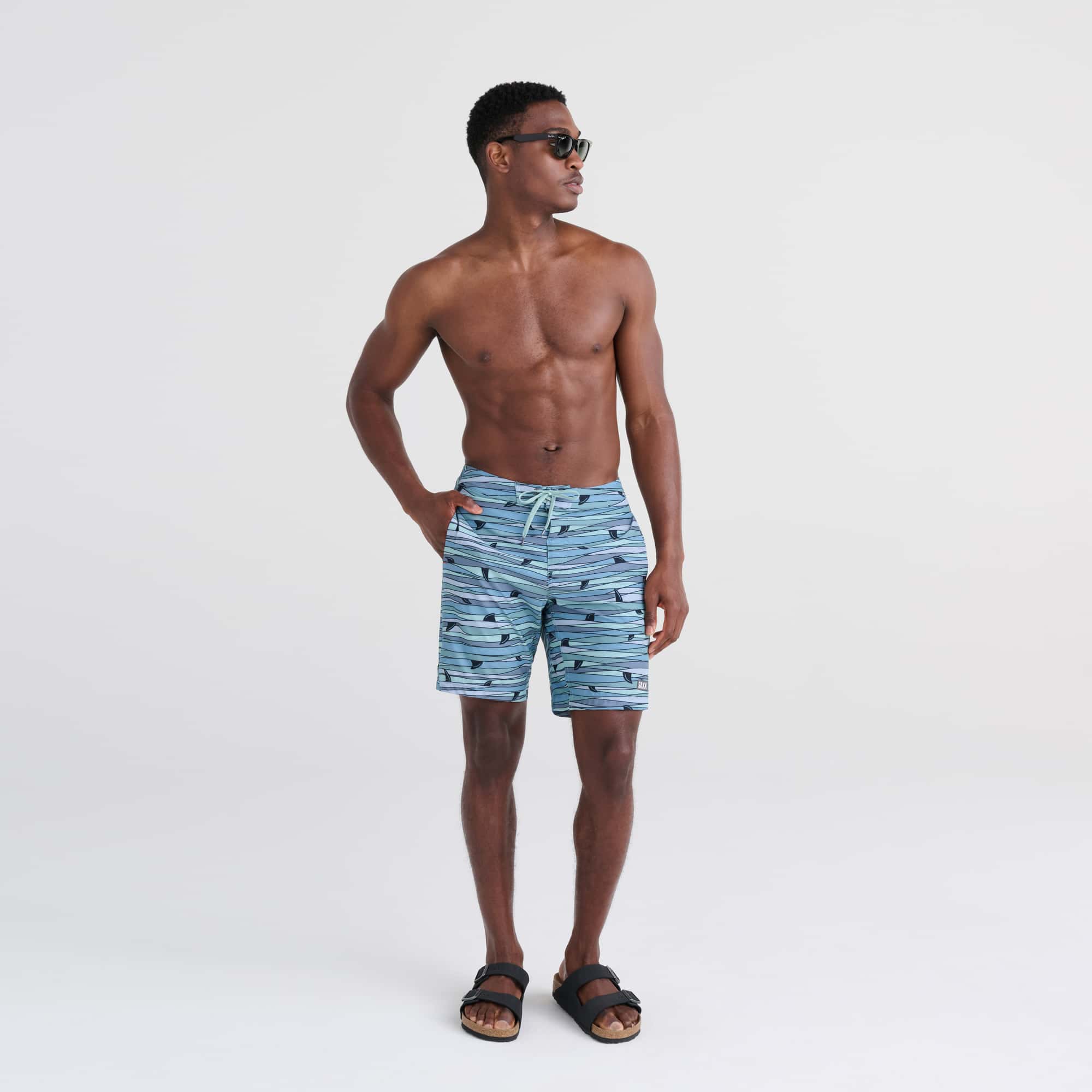 Front - Model wearing Betawave 2N1 Swim Board Short Long in Fins- Blue Multi