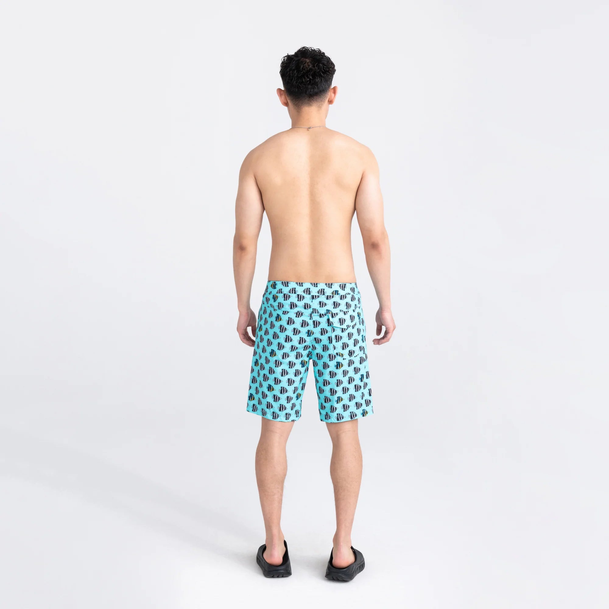 Back - Model wearing Betawave 2N1 Swim Board Short 19" in Fish Tank- Aqua