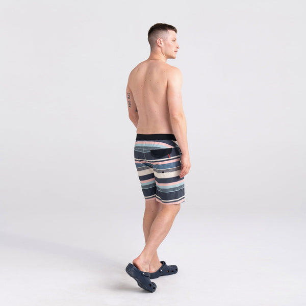 Back- Model wearing Betawave 2N1 Swim Short Long in Big Splash Rugby- Blue