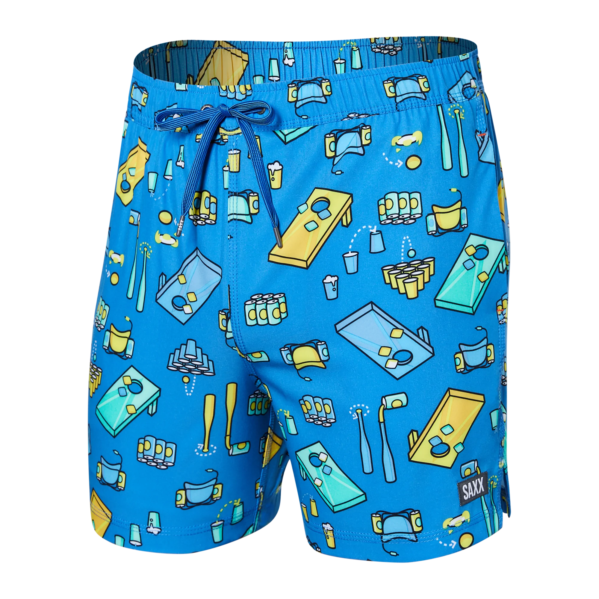 Front of Oh Buoy 2N1 Swim Volley Short 5" in Beer Olympics- Racer Blue