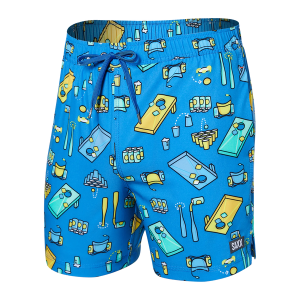 Front of Oh Buoy 2N1 Swim Volley Short 5" in Beer Olympics- Racer Blue
