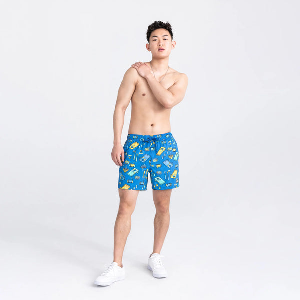 Front - Model wearing Oh Buoy 2N1 Swim Volley Short 5" in Beer Olympics- Racer Blue