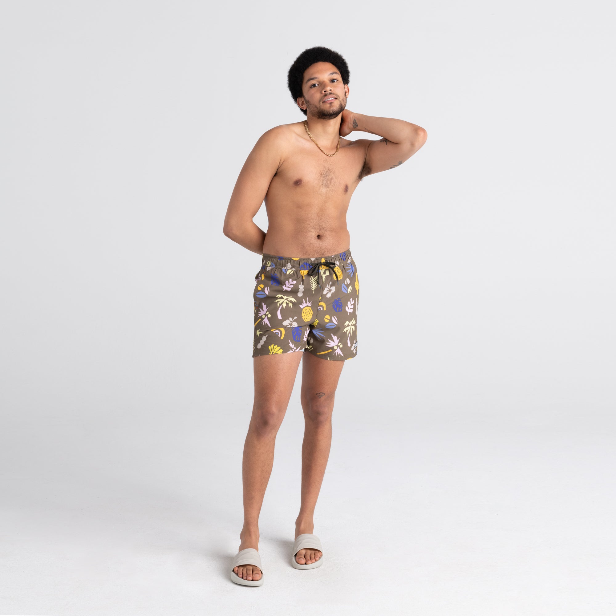 Front - Model wearing Oh Buoy 2N1 Swim Trunk 5" in Summer Stencil- Camo