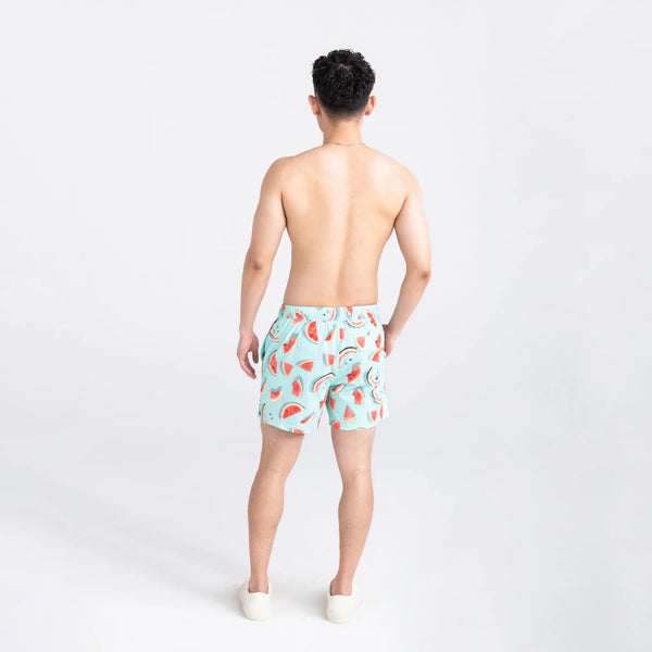 Back - Model wearing Oh Buoy 2N1 Swim Volley Short 5" in One Hit Wondermelon-Multi