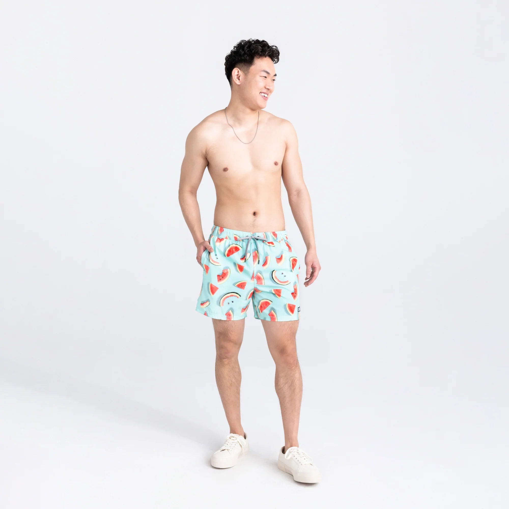 Front - Model wearing Oh Buoy 2N1 Swim Volley Short 5" in One Hit Wondermelon-Multi