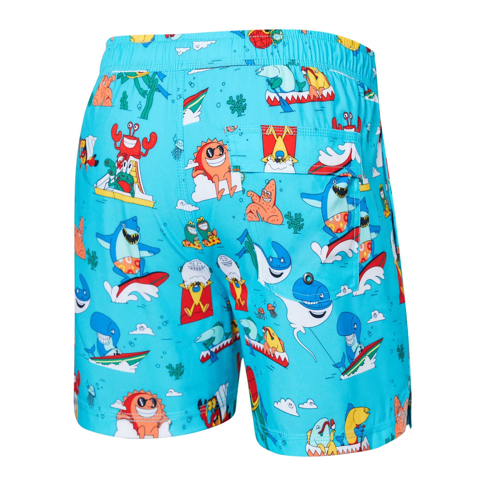 Back of Oh Buoy 2N1 Swim Volley Short 5" in Water Whirled- Blue