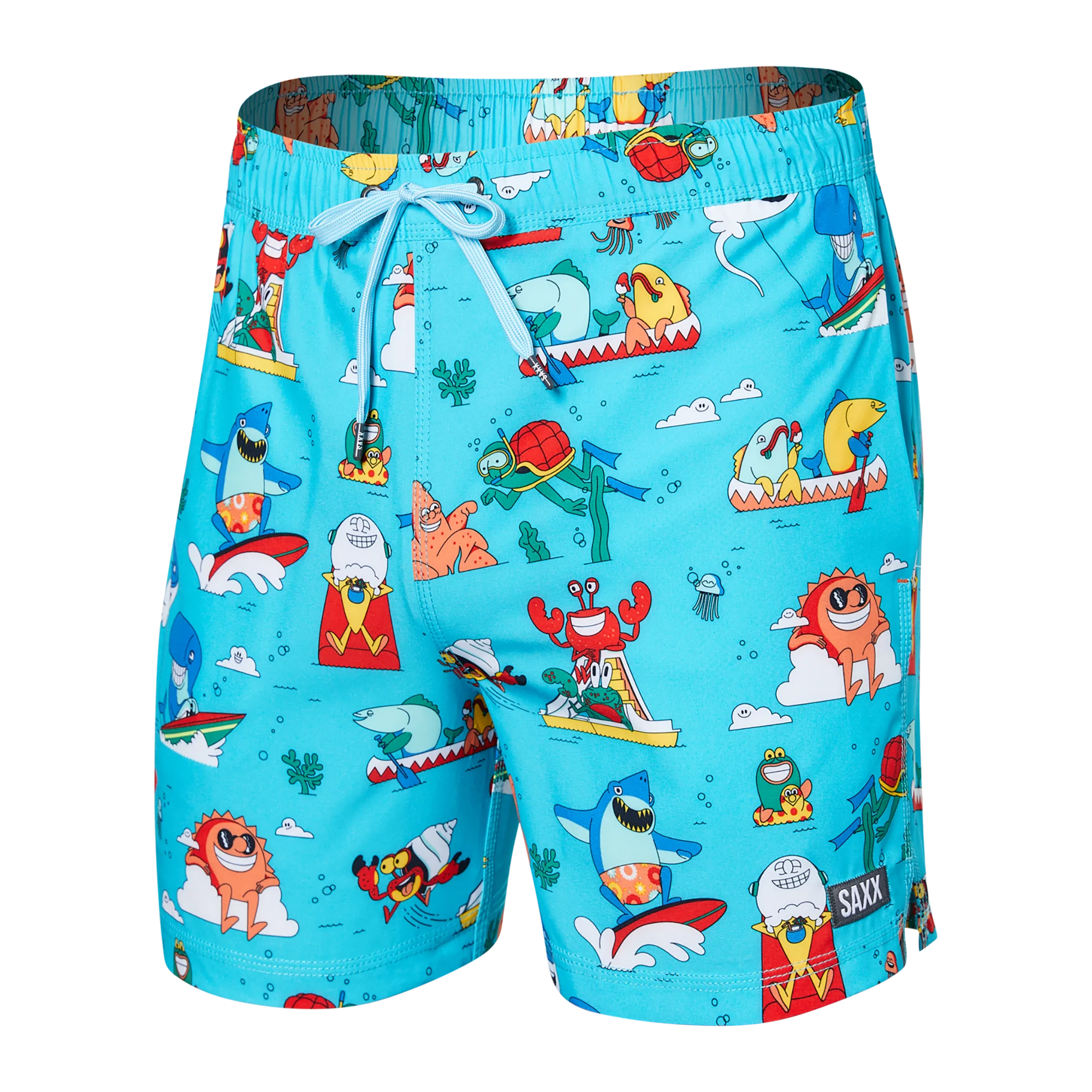 Front of Oh Buoy 2N1 Swim Volley Short 5" in Water Whirled- Blue