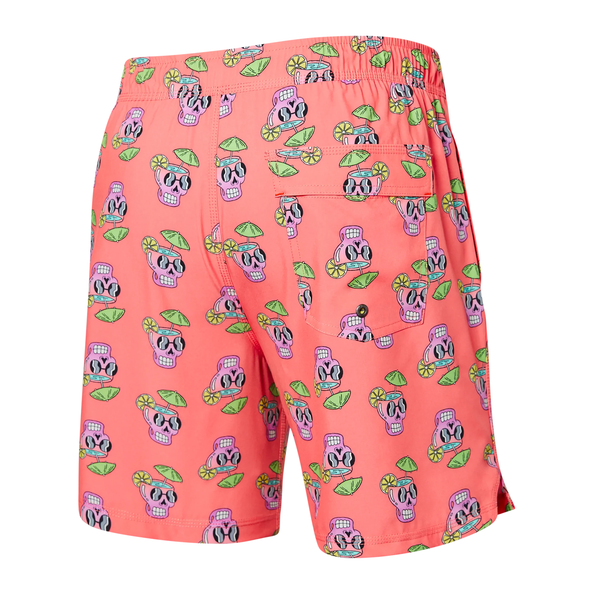 Back of Oh Buoy 2N1 Swim Volley Short 7" in Drunken Skulls- Hot Coral