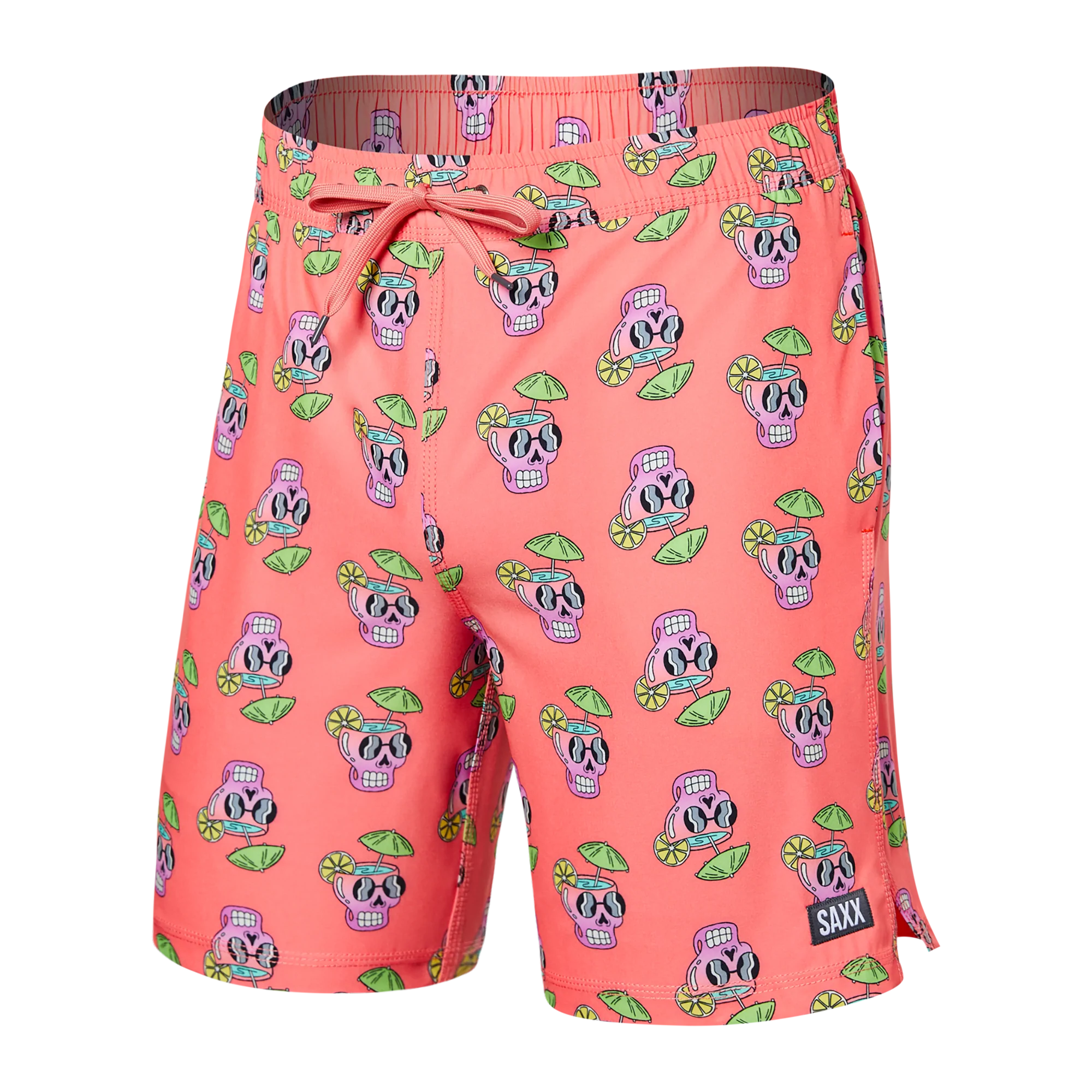 Front of Oh Buoy 2N1 Swim Volley Short 7" in Drunken Skulls- Hot Coral