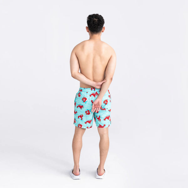 Back - Model wearing Oh Buoy 2N1 Swim Volley Short 7" in Lobster Lounger- Aqua