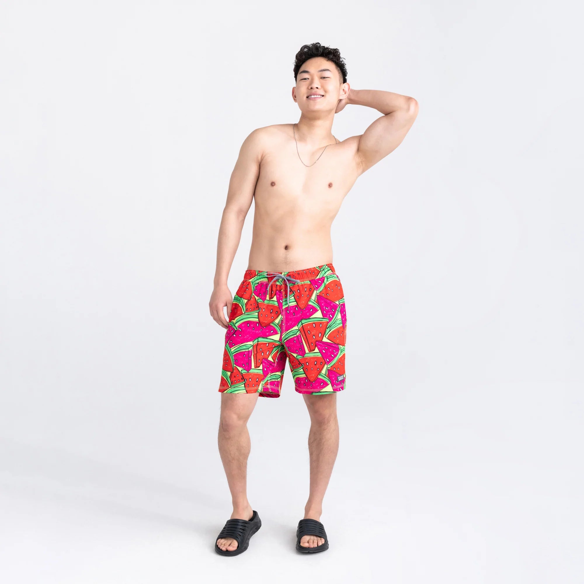 Front - Model wearing Oh Buoy 2N1 Swim Volley Short 7" in Mega Mega Melon- Red