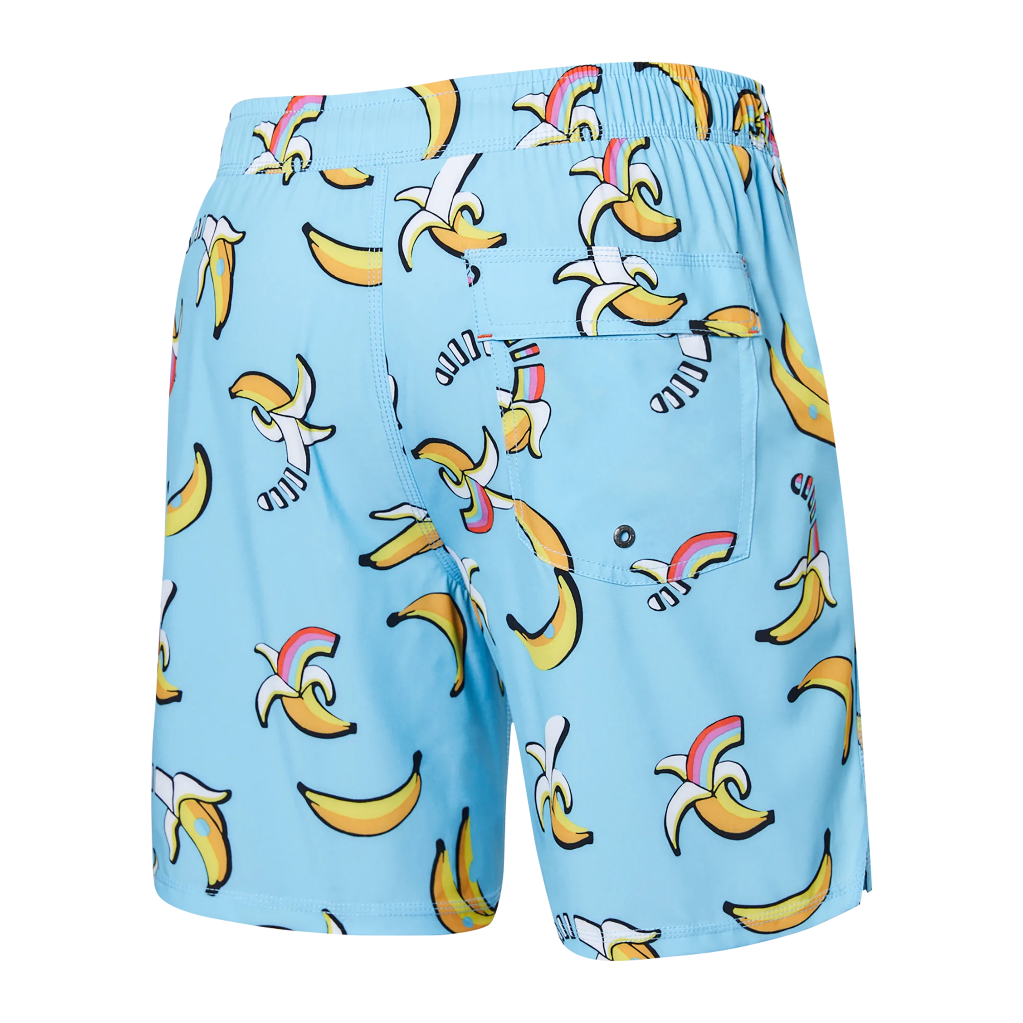 Back of Oh Buoy 2N1 Swim Volley Short 7" in Rainbow Bananas- Azure