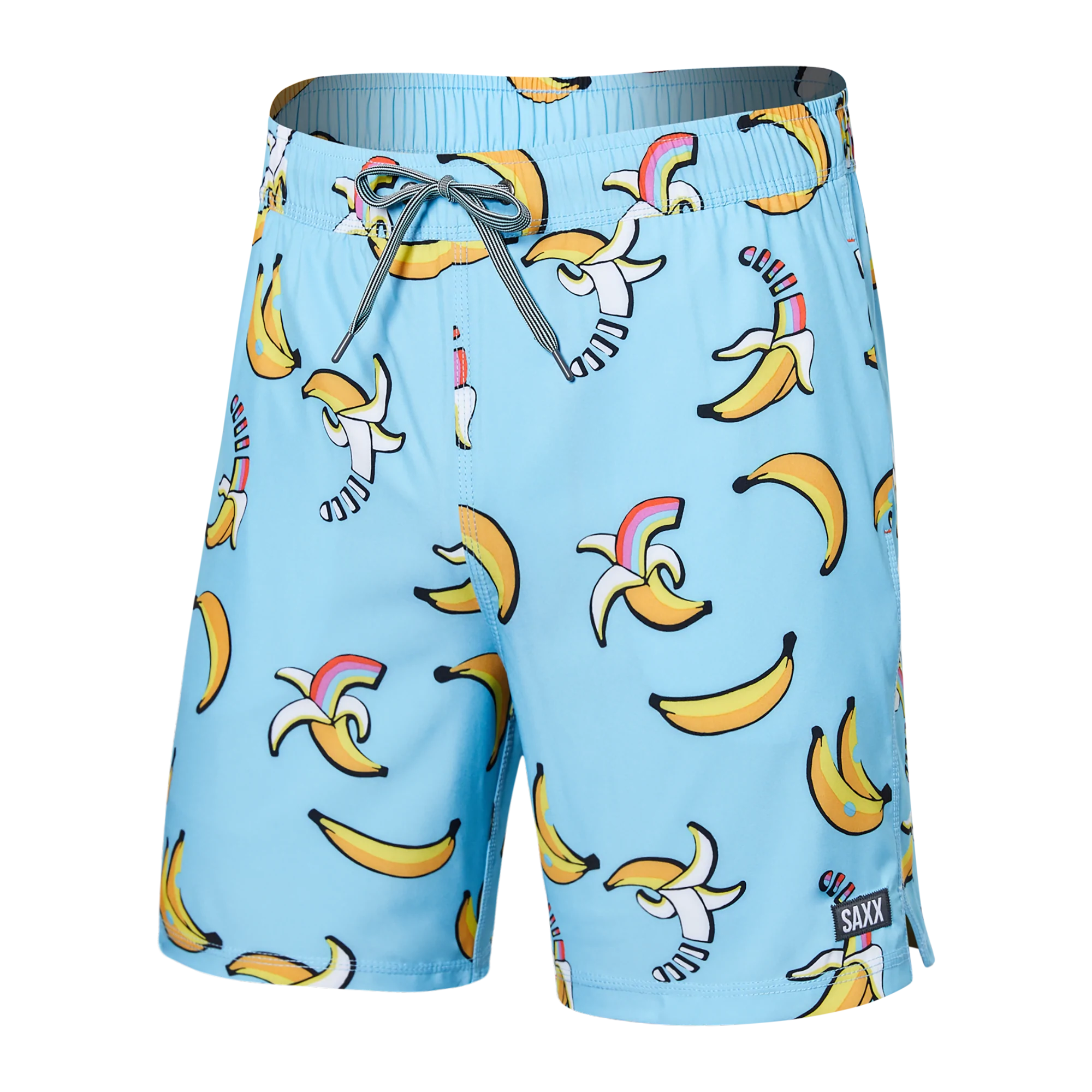 Front of Oh Buoy 2N1 Swim Volley Short 7" in Rainbow Bananas- Azure
