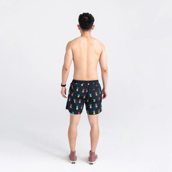 Back - Model wearing Go Coastal 2N1 Swim Volley Short 5" in Pineapple Flip- Black