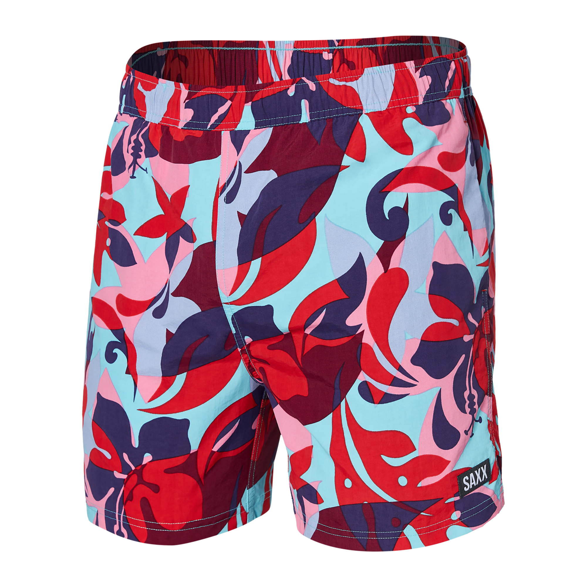 Front of Go Coastal 2N1 Swim Classic Volley 5" in Tropical Lens- Red Multi