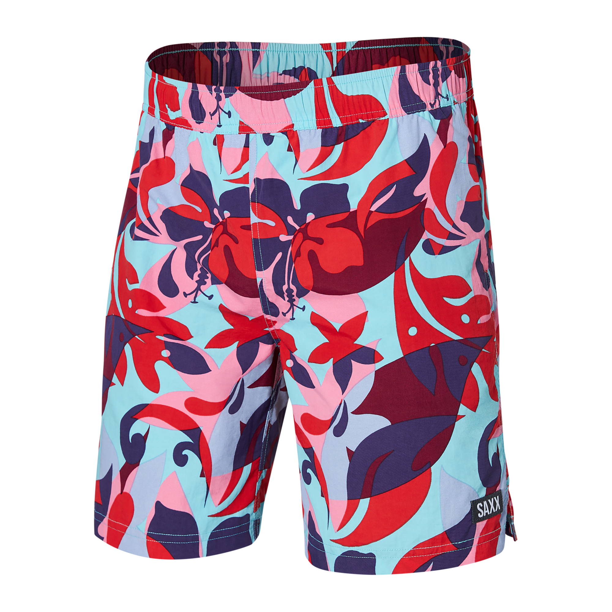 Front of Go Coastal 2N1 Swim Classic Volley 7" in Tropical Lens- Red Multi