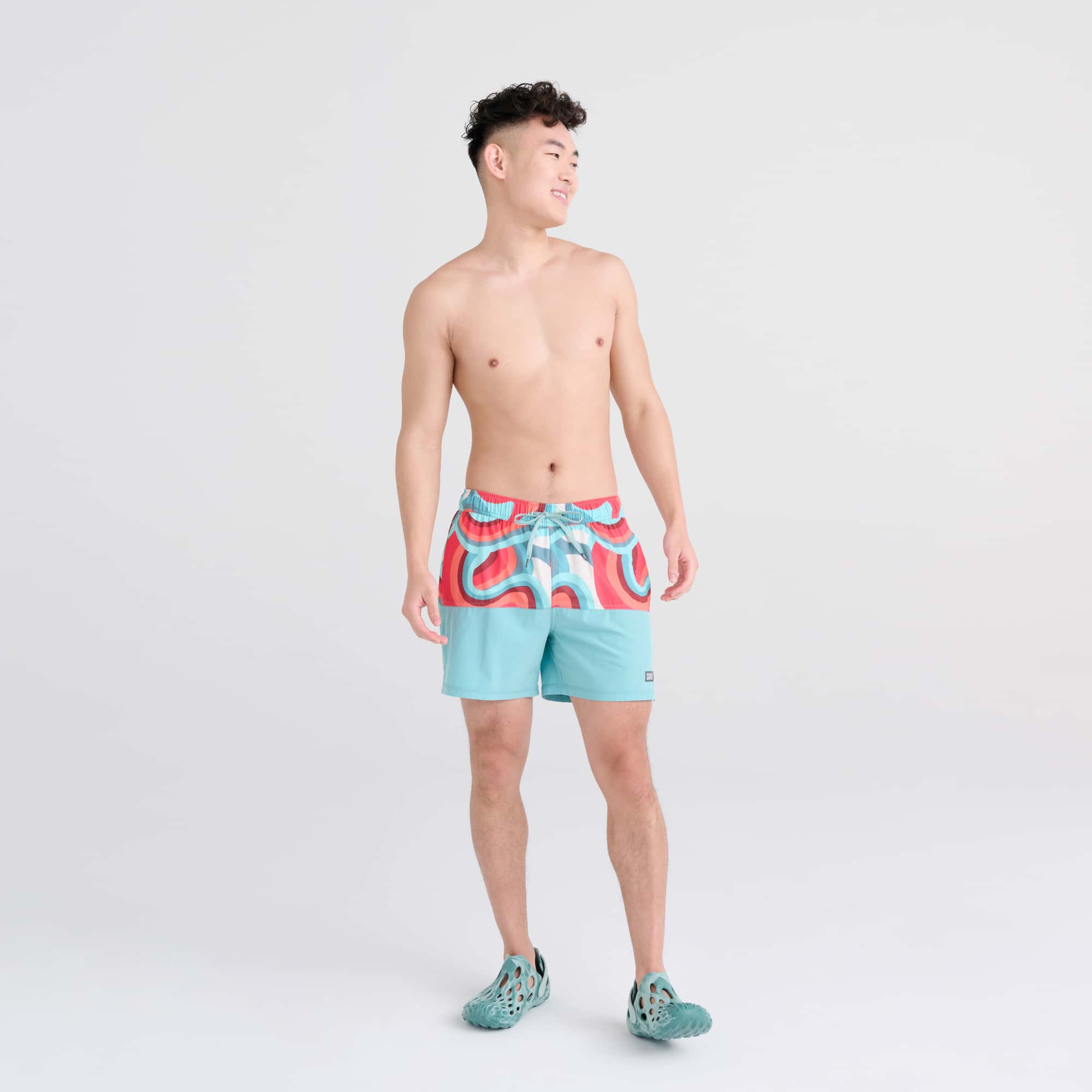 Front - Model wearing Oh Buoy 2N1 Swim Trunk 5" in Giant Wave/Sea Foam
