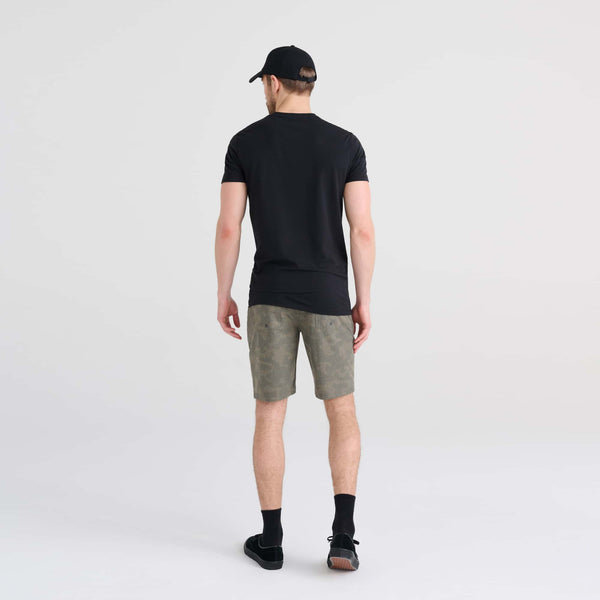 Back - Model wearing Land To Sand 2N1 Short Regular in Quicksand Camo- Green Heather