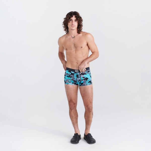 Front - Model wearing Vibe Super Soft Trunk in Island Camo- Black