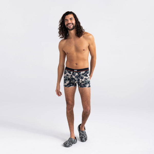 Front - Model wearing Non-Stop Stretch Cotton Trunk in Pop Grunge Camo- Graphite